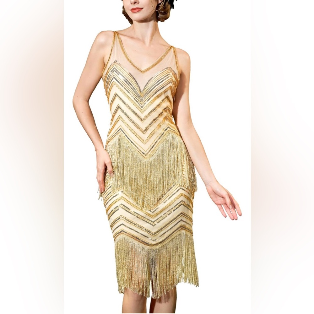 1920s Flapper Dresses for Women,Lace V Neck Great Gatsby Dresses S